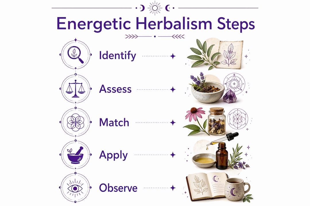 Infographic showing steps of energetic herbalism practice