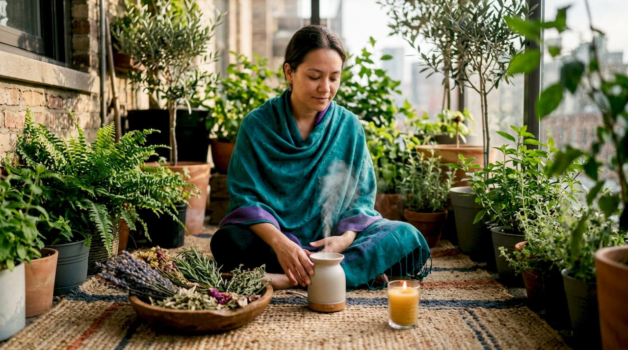 Person inhaling essential oil for emotional balance