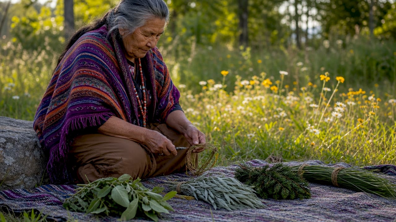 Healer arranging sacred plants outdoors