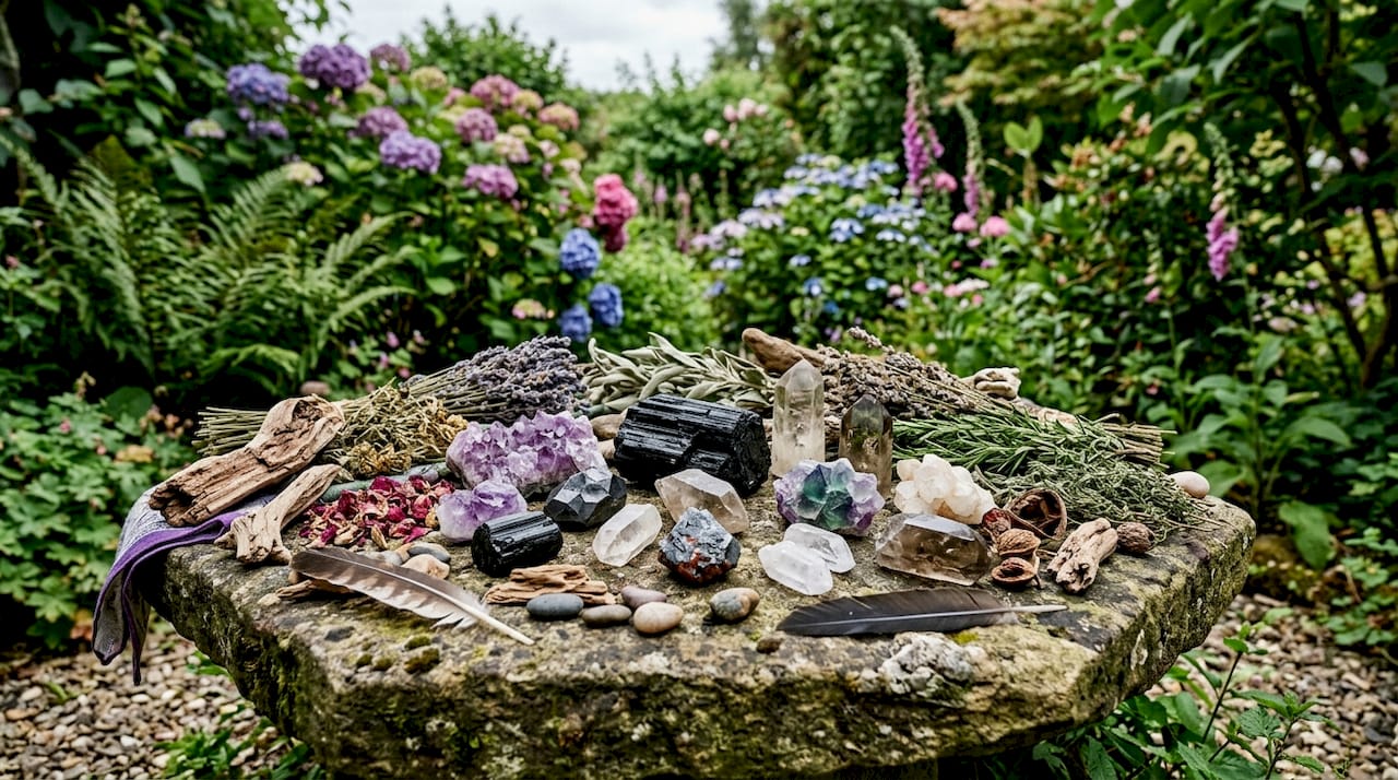 Close-up of raw crystals and herbs on wooden table