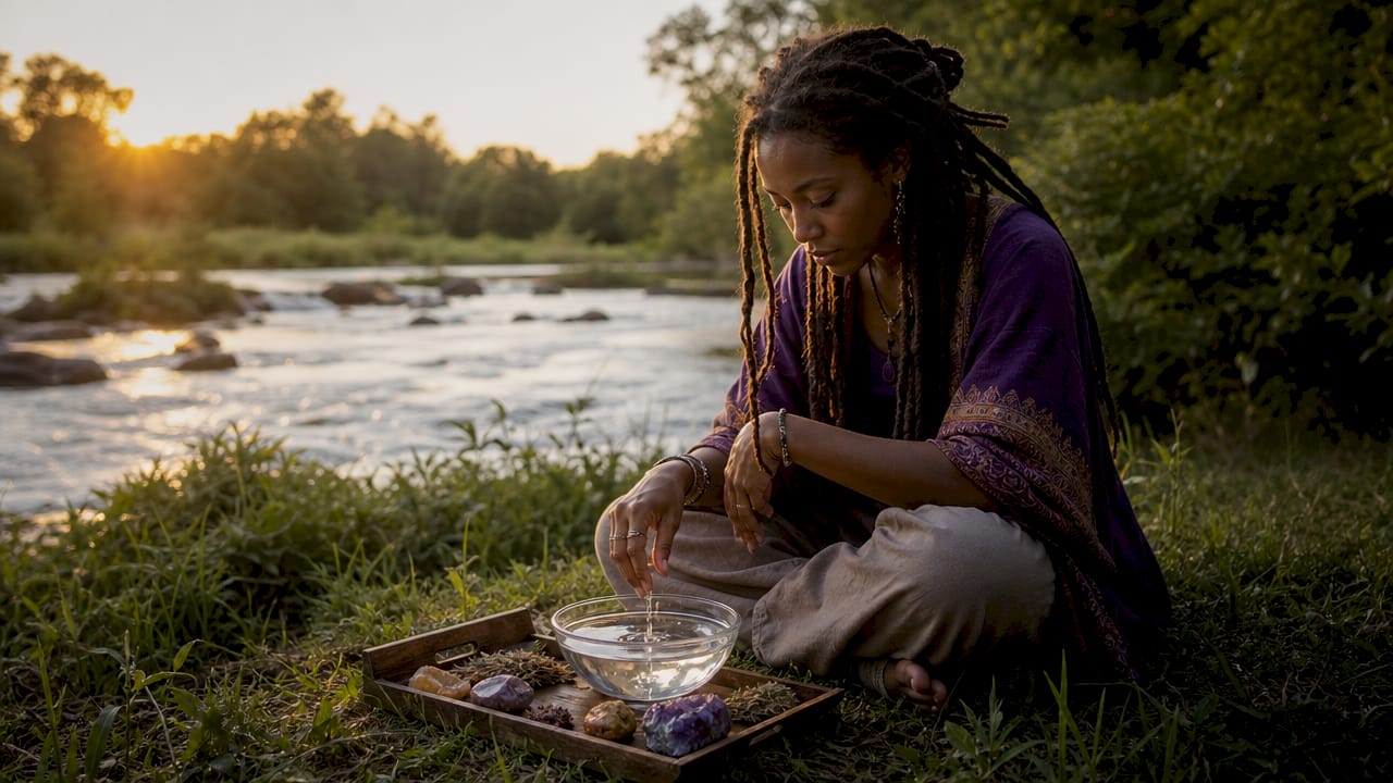 Woman performing water ritual at home altar