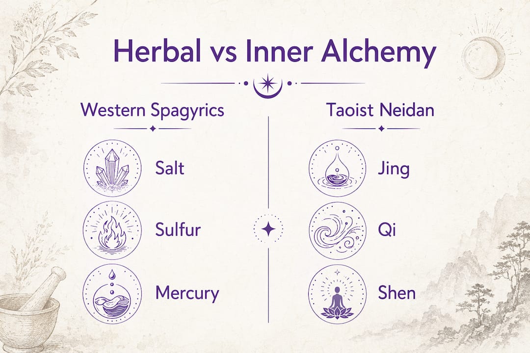 Infographic comparing herbal and inner alchemy symbols