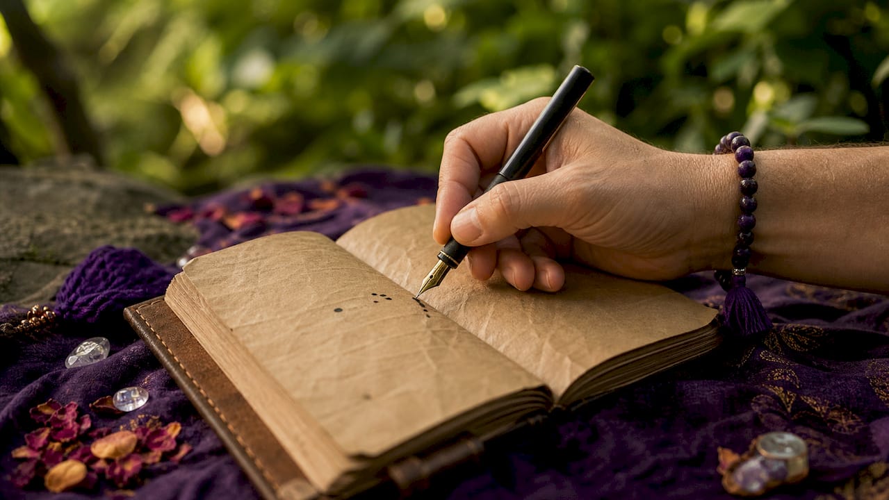 Hand writing spiritual alchemy journal on wooden table