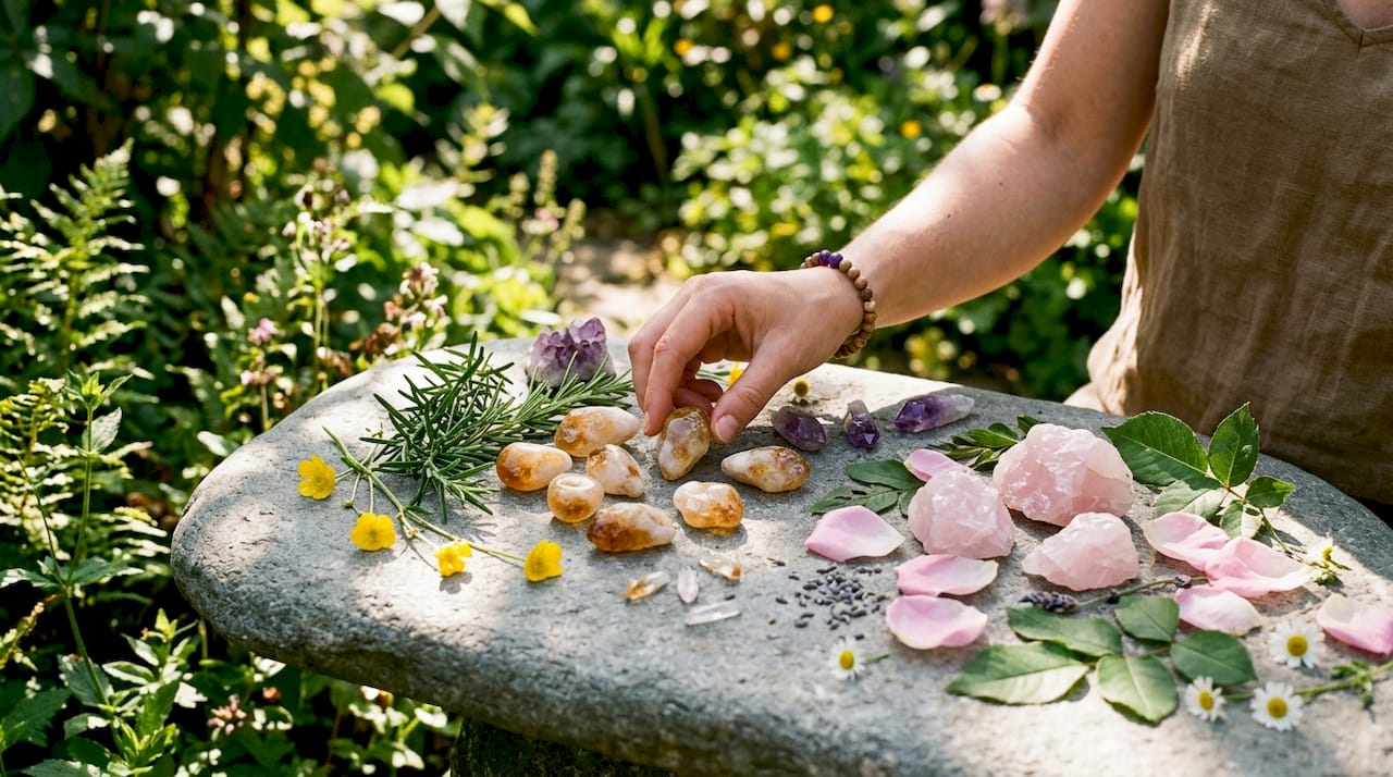 Flatlay of paired crystals and fresh botanicals