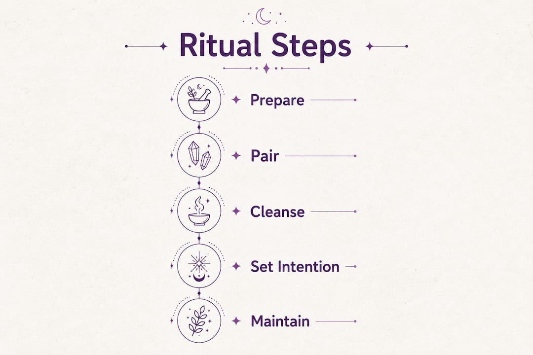 Infographic showing crystal and botanical ritual steps
