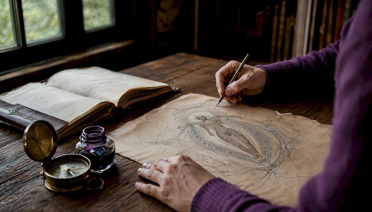 Hands sketching etheric body blueprint diagram