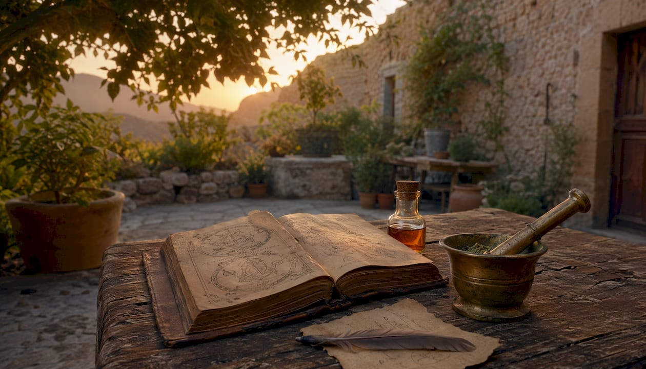 Alchemy manuscript and herbal tools on table