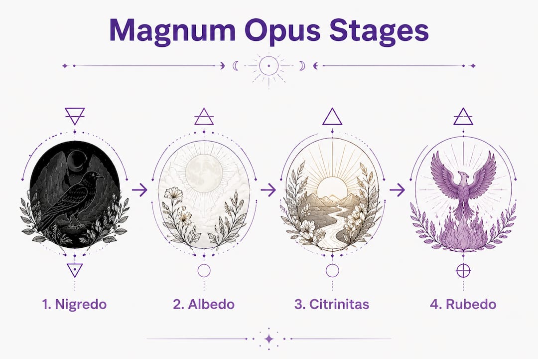 Vertical infographic depicting four stages of Magnum Opus