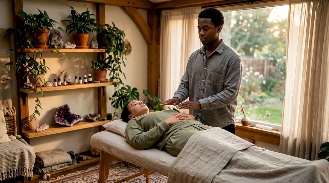 Reiki practitioner performing hands-on healing
