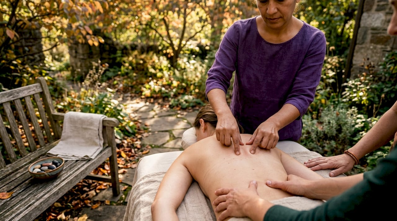 Hands applying acupressure therapy on back