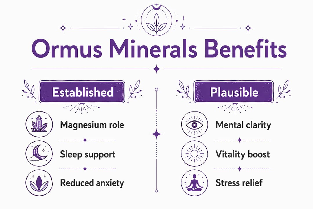 Infographic comparing established and plausible benefits of Ormus minerals