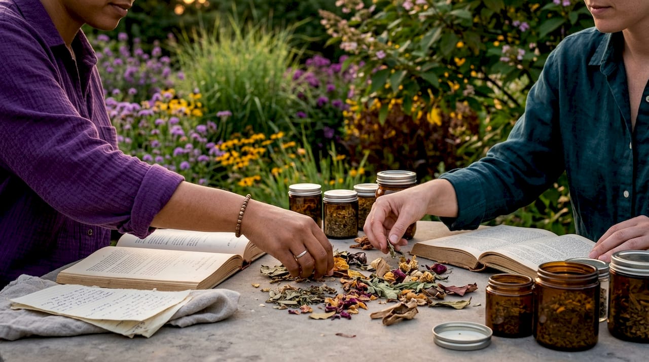 Hands examining ancestral plant specimens on table