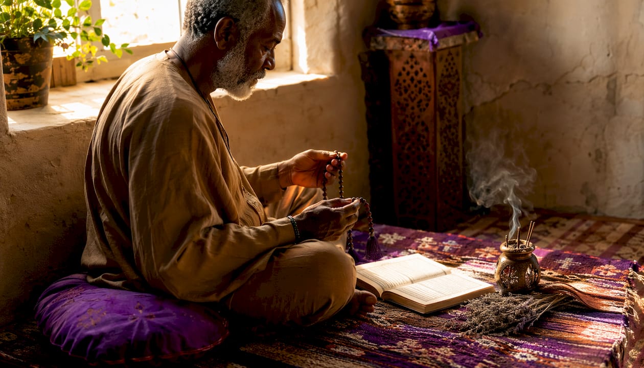 Hands holding prayer beads over prayer book