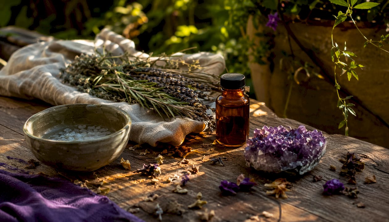 Overhead view of gathered herbal tools on altar table