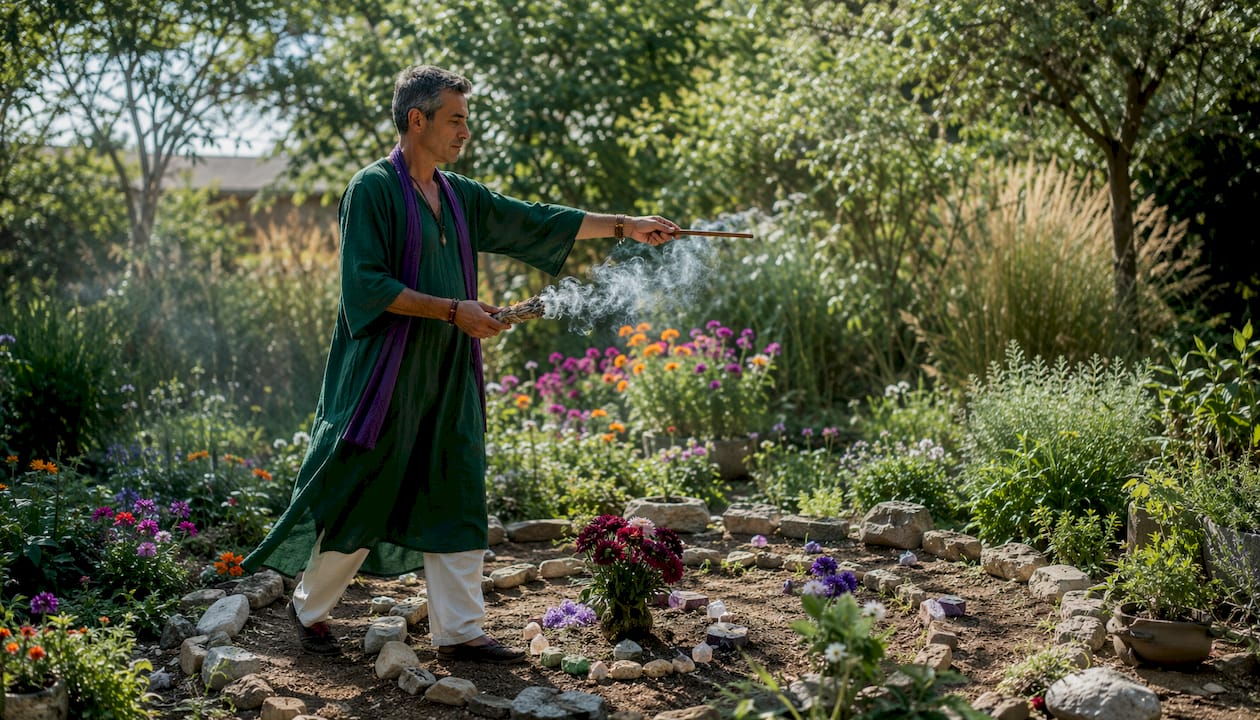 Man performing smoke purification ritual in garden