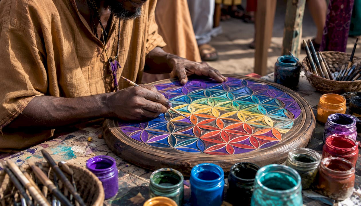 Hands painting Flower of Life mandala outdoors
