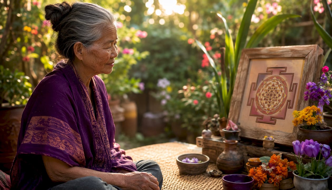 Elderly woman gazing at Sri Yantra symbol for meditation