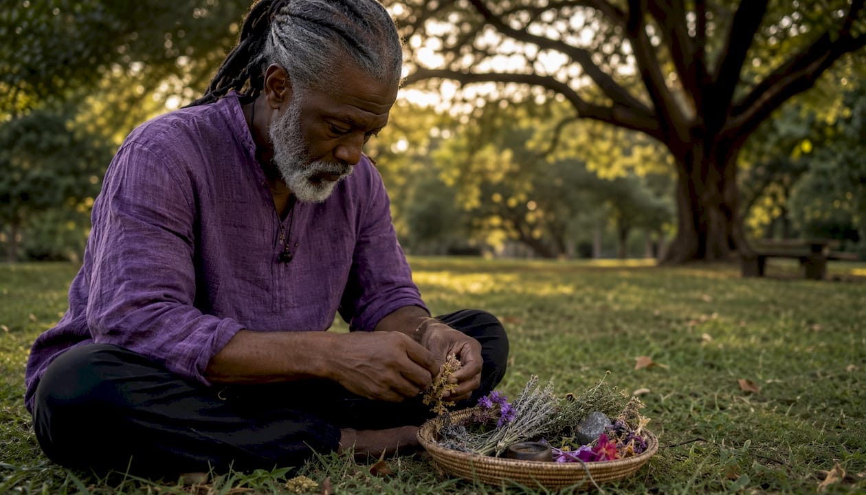 Hands arranging ritual herbs on rustic outdoor table