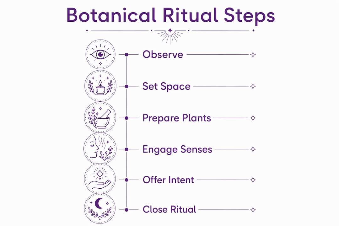 Infographic illustrating six-step botanical ritual process