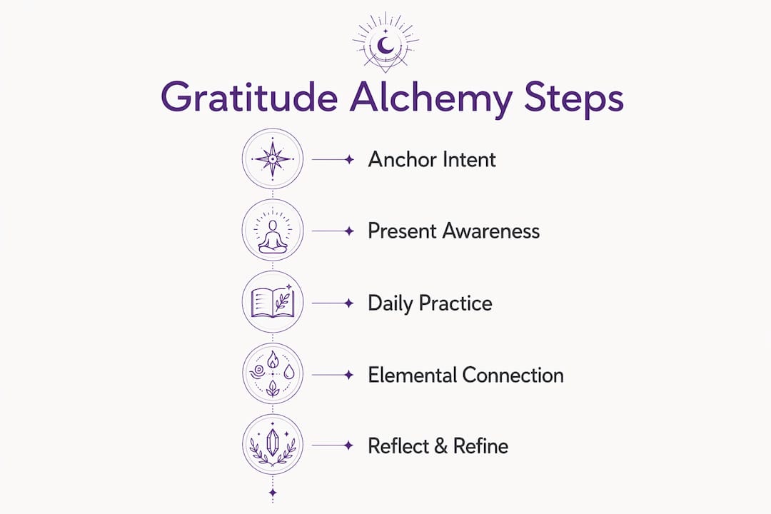 Infographic showing five steps for gratitude alchemy practices