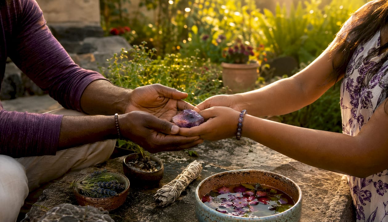 Hands holding amethyst crystal in herbal apothecary setting