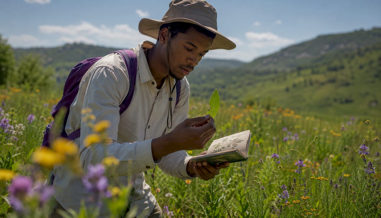 Man observing wild plants in field