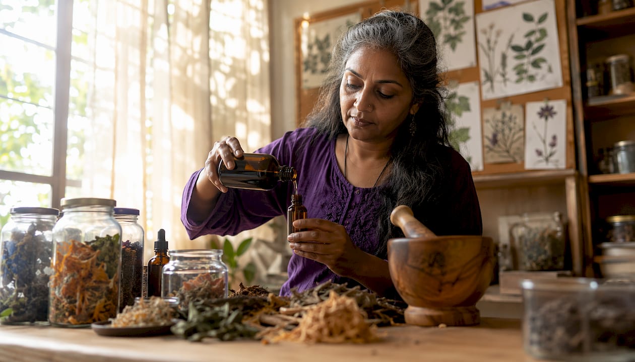 Woman preparing herbal tincture at kitchen counter
