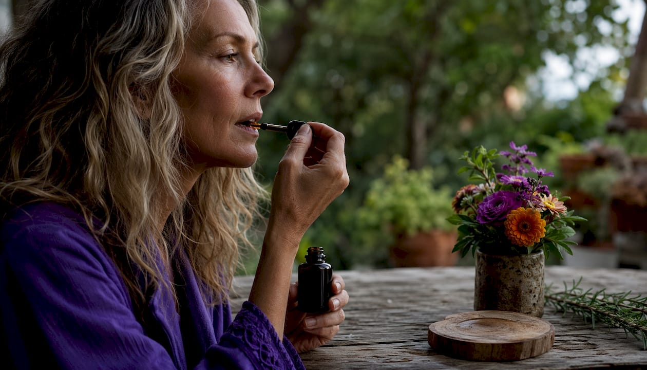 Woman using tincture as sensory-intentional practice