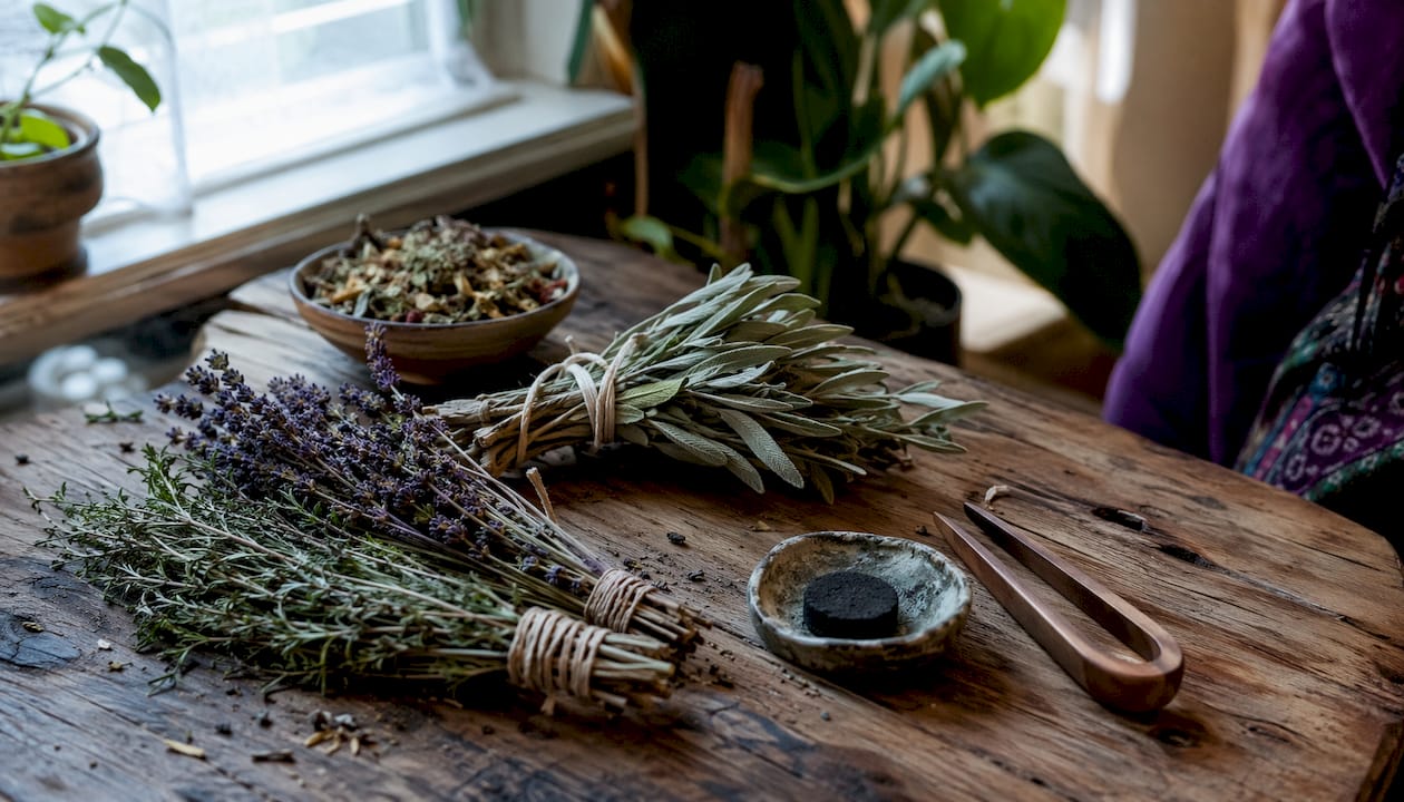 Herb bundles and charcoal tools on kitchen counter
