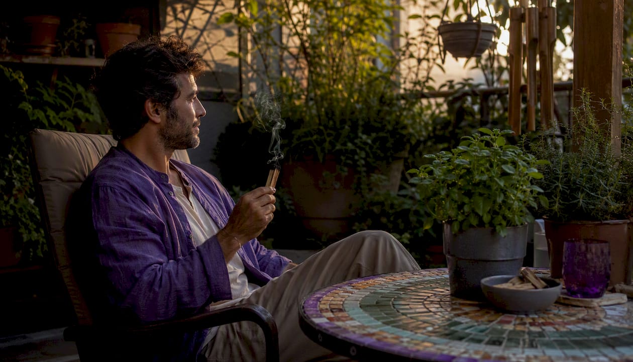 Man performing smoke cleansing ritual with palo santo
