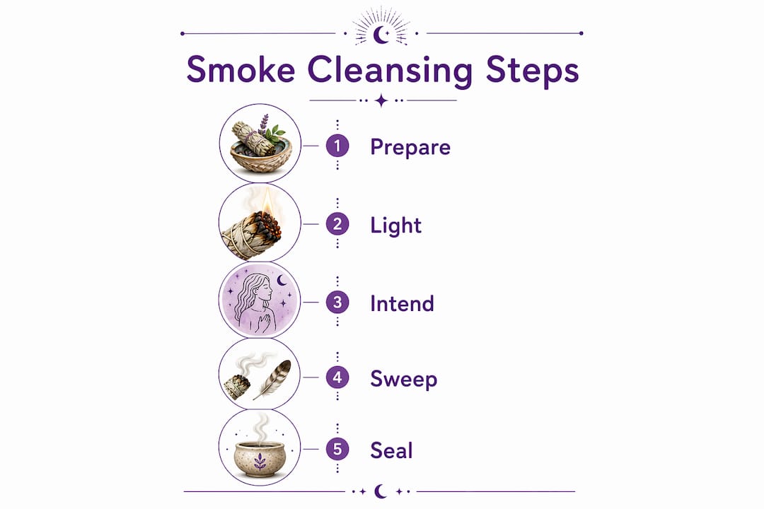 Infographic showing steps of botanical smoke cleansing