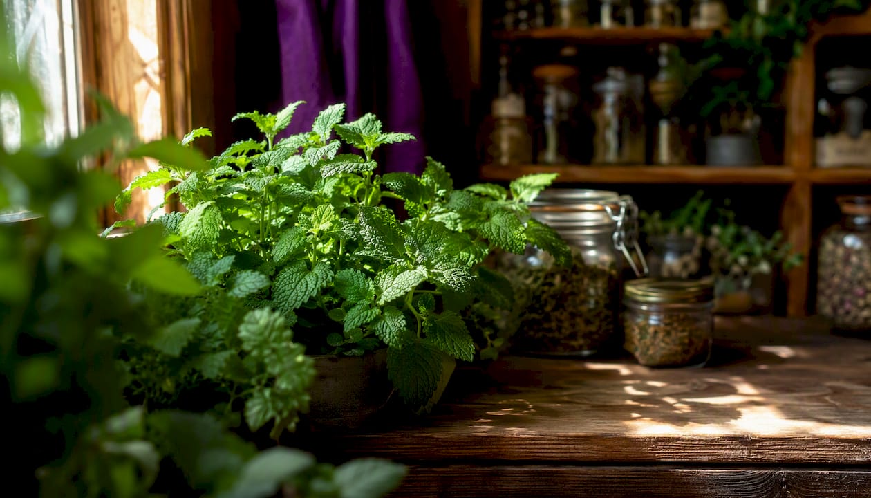 Fresh lemon balm leaves in herb garden