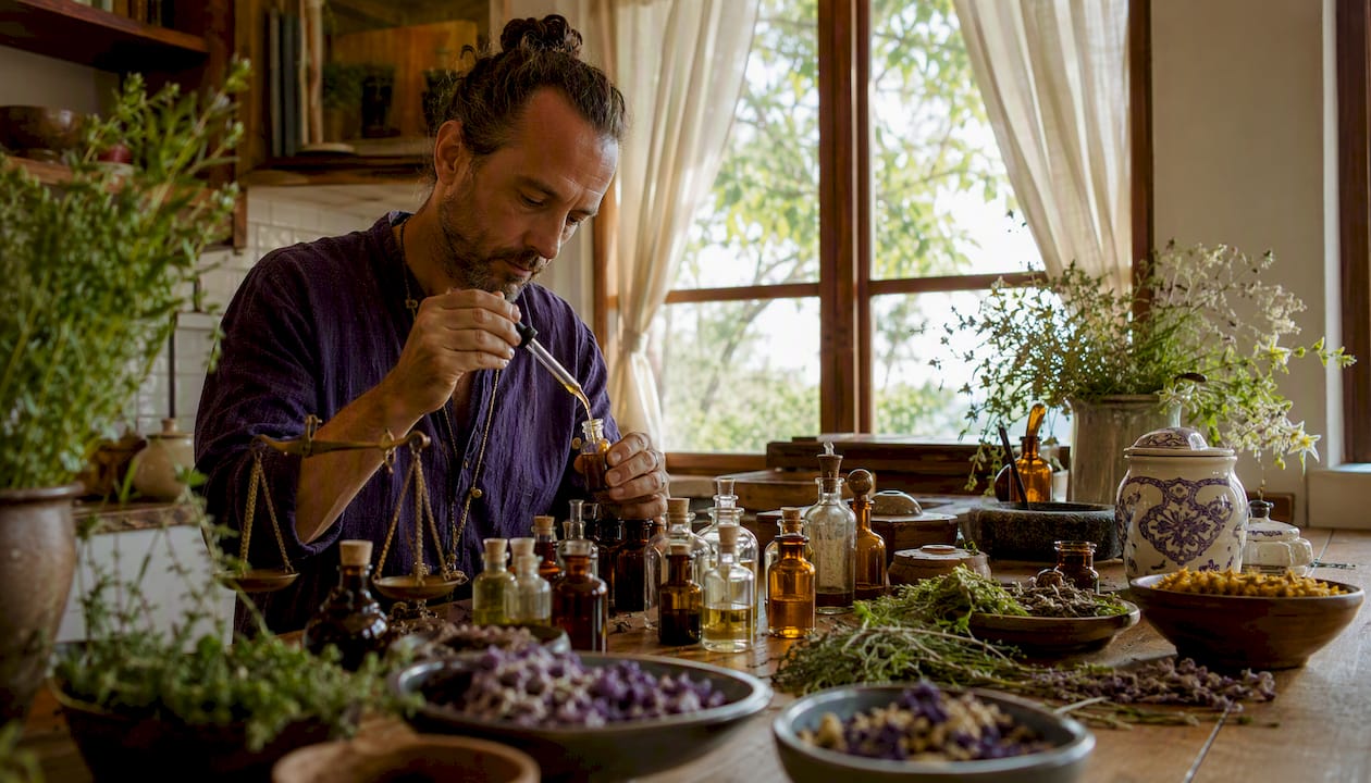 Herbalist filling tincture bottles at home