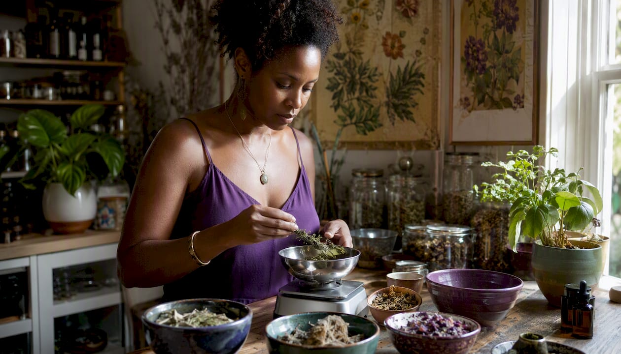 Close-up of hands preparing spagyric tinctures