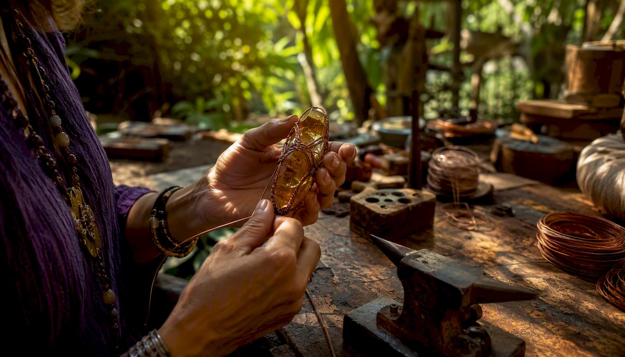 Hands wrapping copper wire around quartz crystal