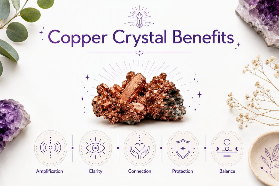 Infographic illustrating copper crystal pairings and benefits
