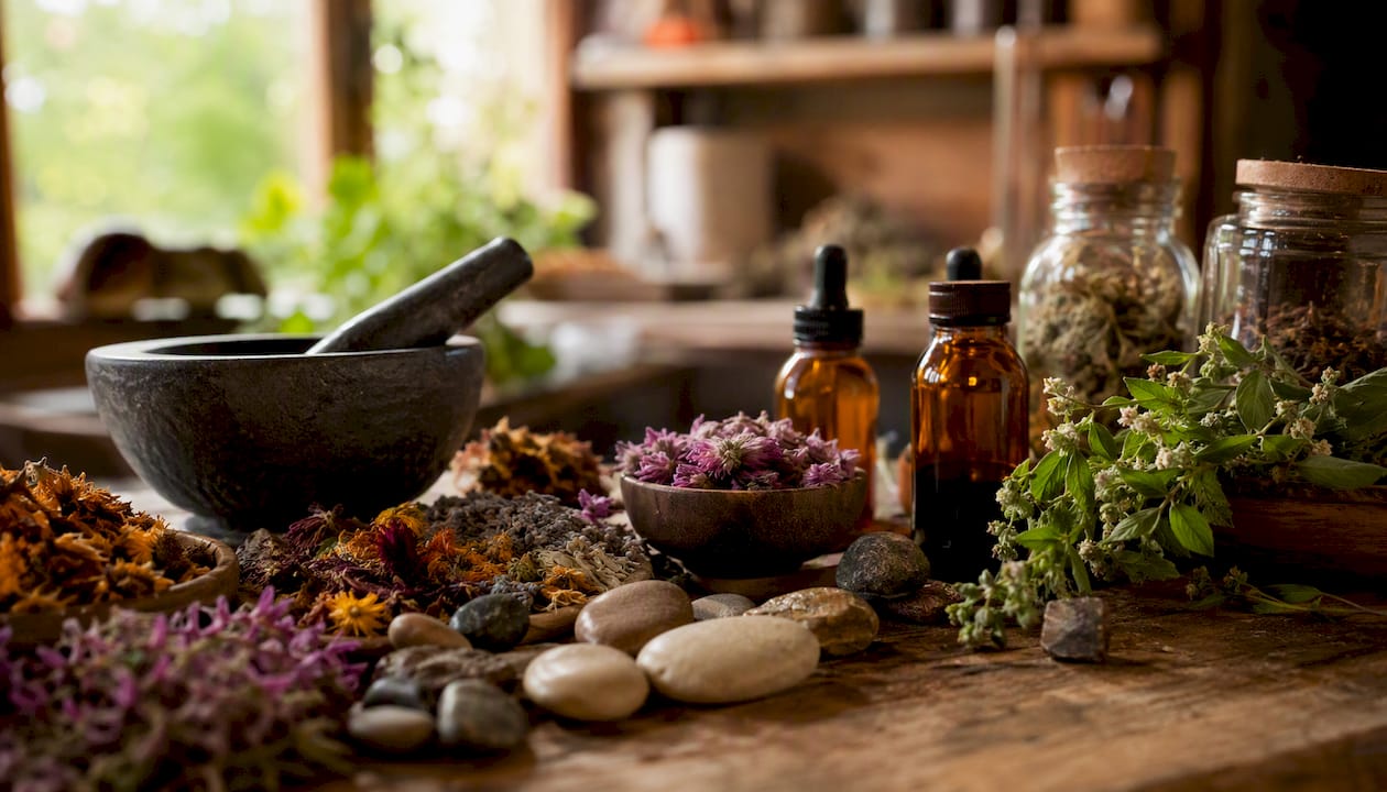 Shelf with adaptogen herbs and mineral salts
