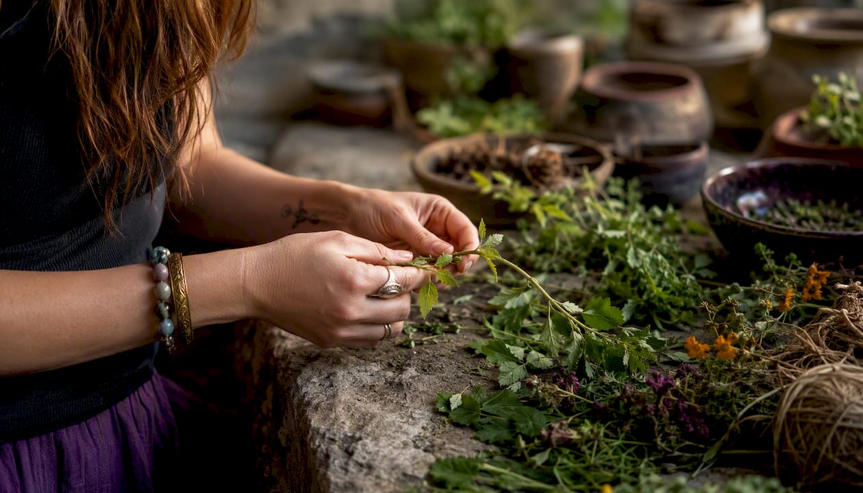 Hands preparing wild botanicals on wood