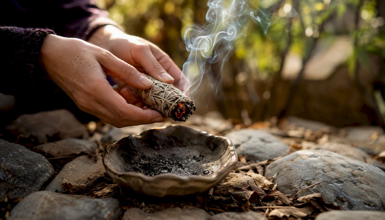 Hands safely burning herb bundle over ash bowl