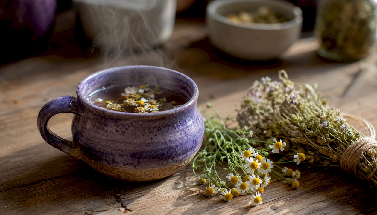 Cup of chamomile tea with fresh flowers