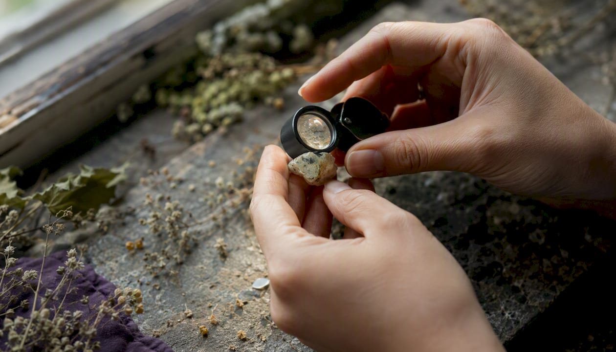 Inspecting crystal inclusions under loupe