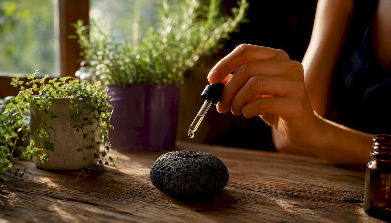 Hand applying essential oil on lava rock diffuser stone