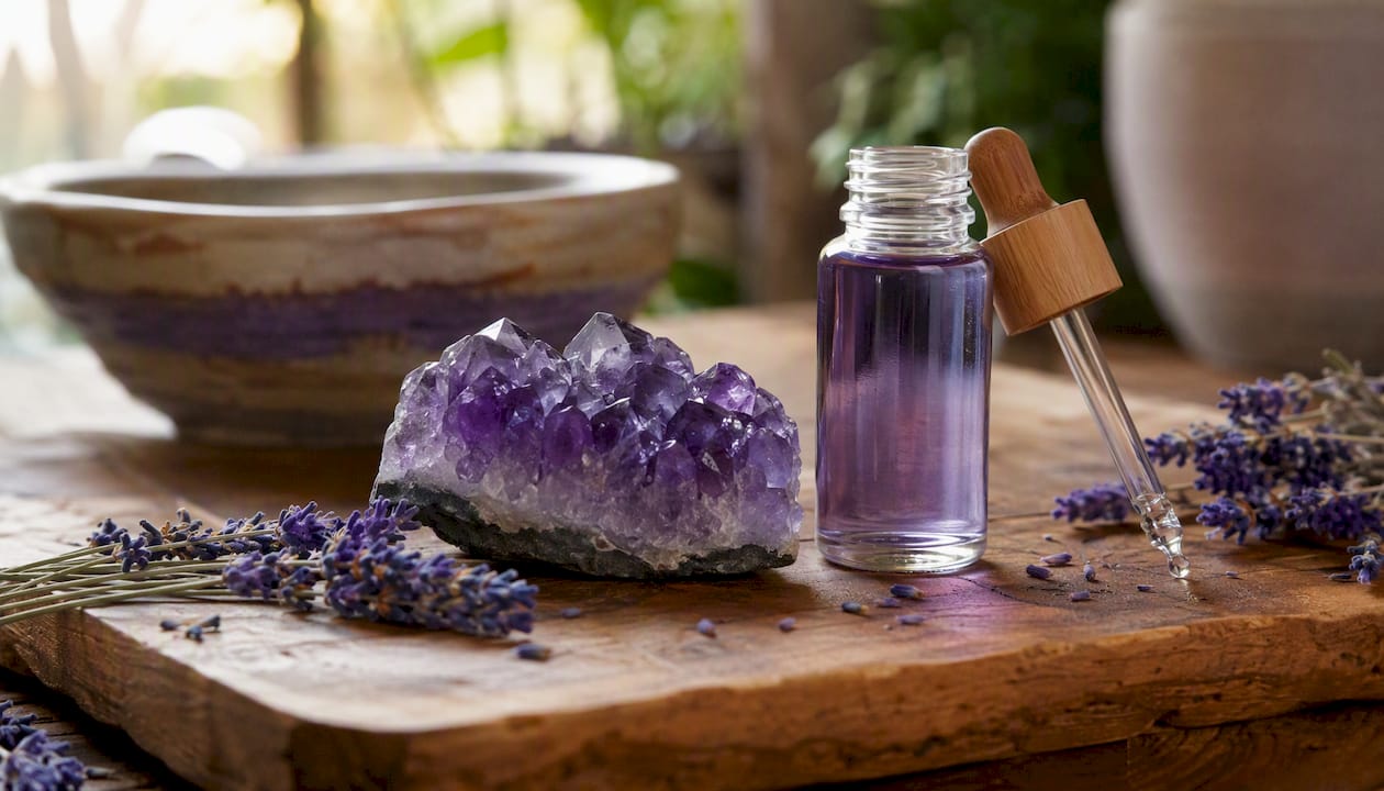 Amethyst crystal with lavender essential oil bottle