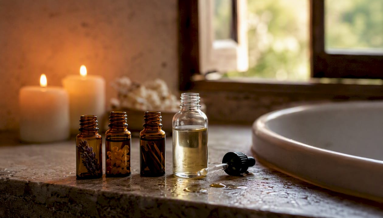 Bottles of diluted essential oils by bathtub
