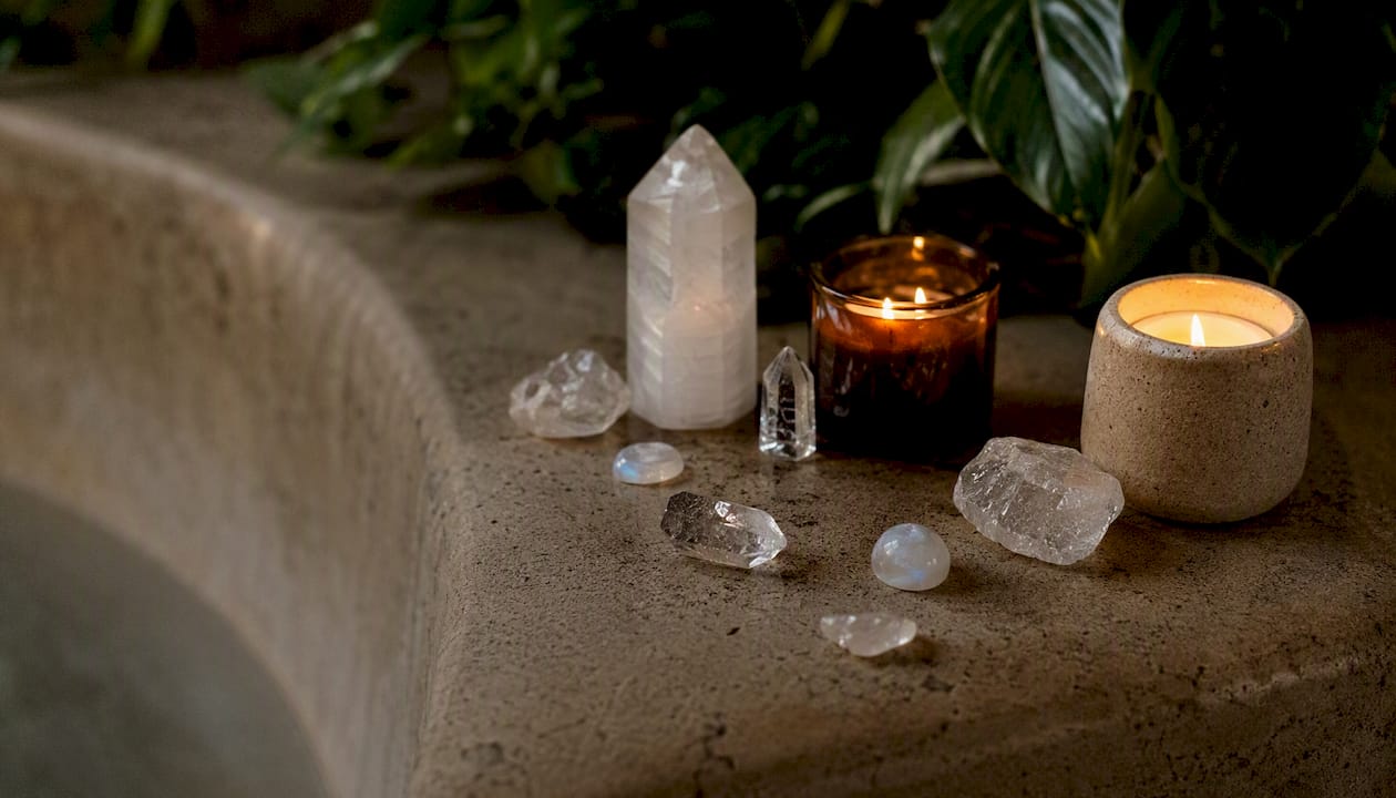 Crystals placed on bath edge with candlelight