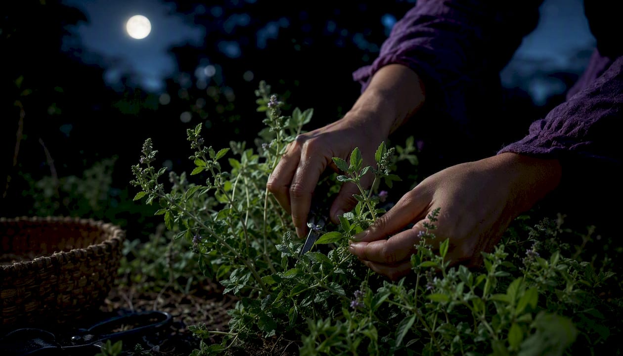 Hand harvesting herbs in full moonlight