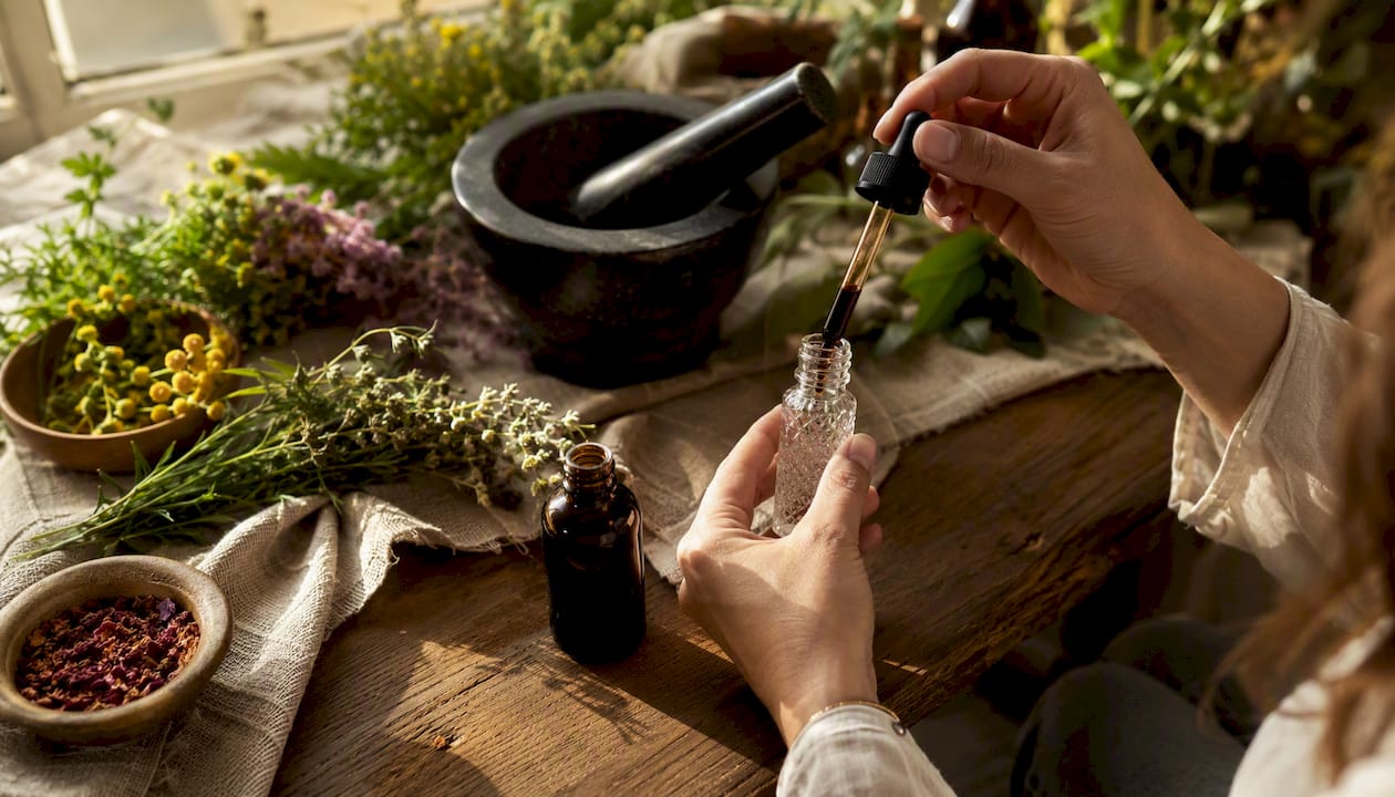 Hand pouring herbal tincture on rustic table