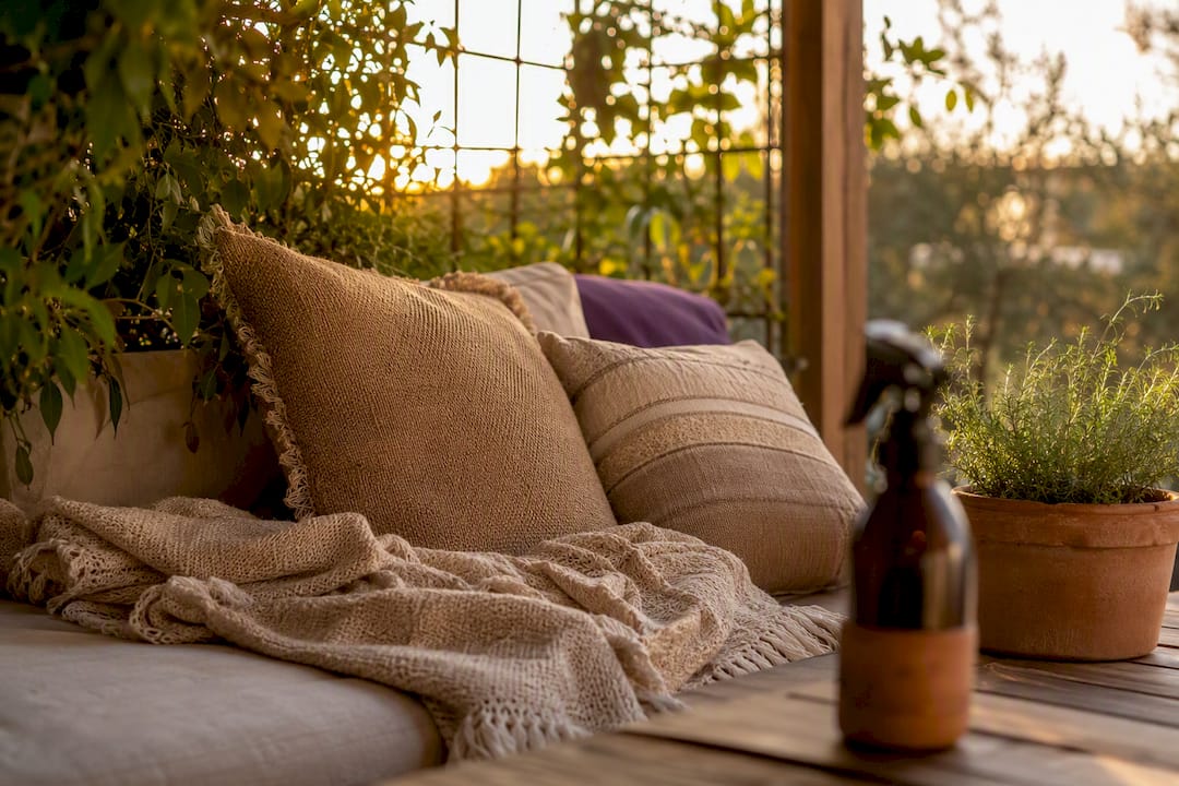 Cushions and curtains lightly misted with aroma