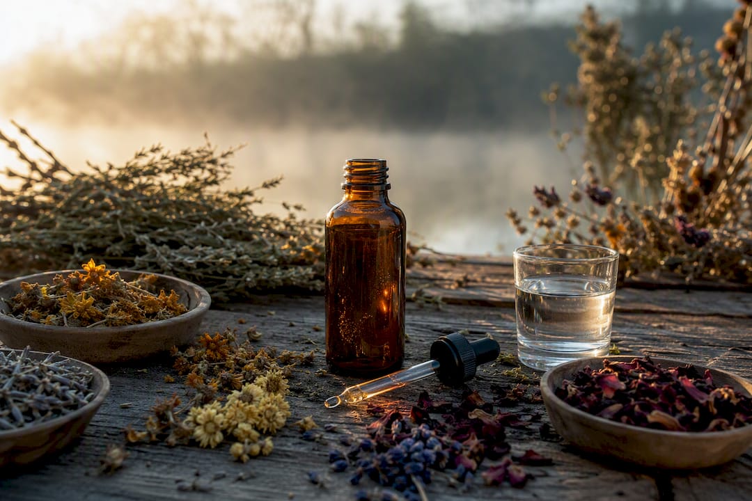Herbal tincture bottle and dried herbs on wood