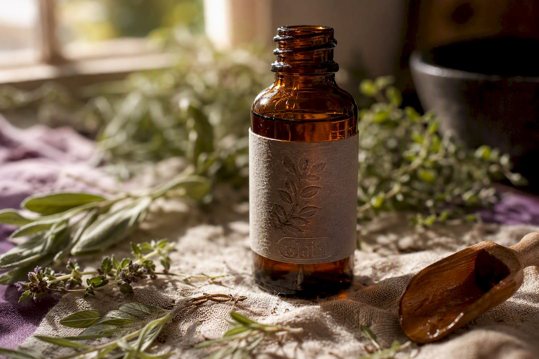 Close-up of essential oil bottle emphasizing label details and quality